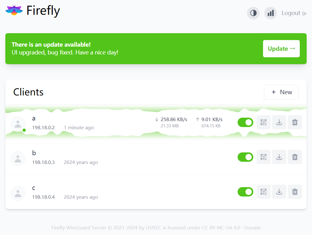 Firefly is a simple and easy to install WireGuard server software, which can be widely used in scenarios such as remote networking, remote work, and  