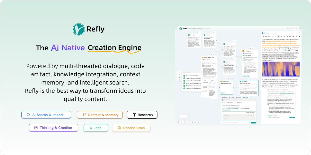 Refly is an open-source AI-native creation engine powered by 13+ leading AI models. Its intuitive free-form canvas interface integrates multi-threaded