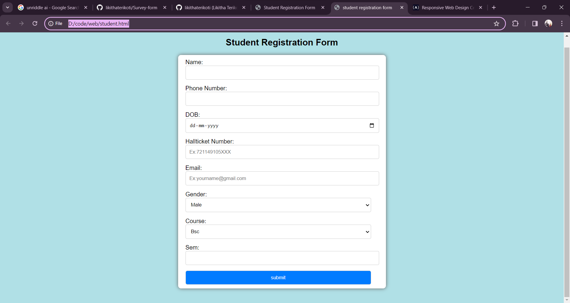 GitHub - likithaterikoti/student-registration-form