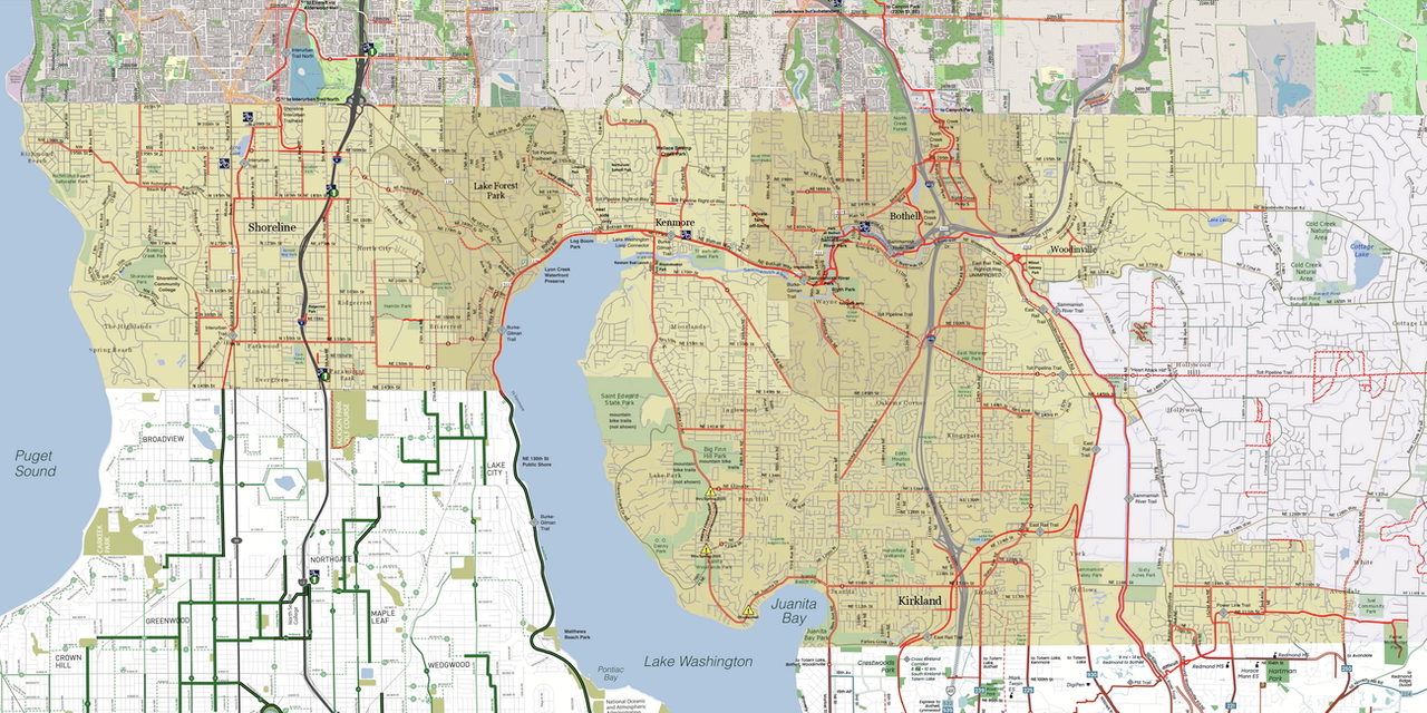 A bike infrastructure mapping project for NW King and SW Snohomish counties, The Greater Northshore Bike Map links the Seattle and 2 Line Eastside maps, making them all more useful. Printed, it fol...