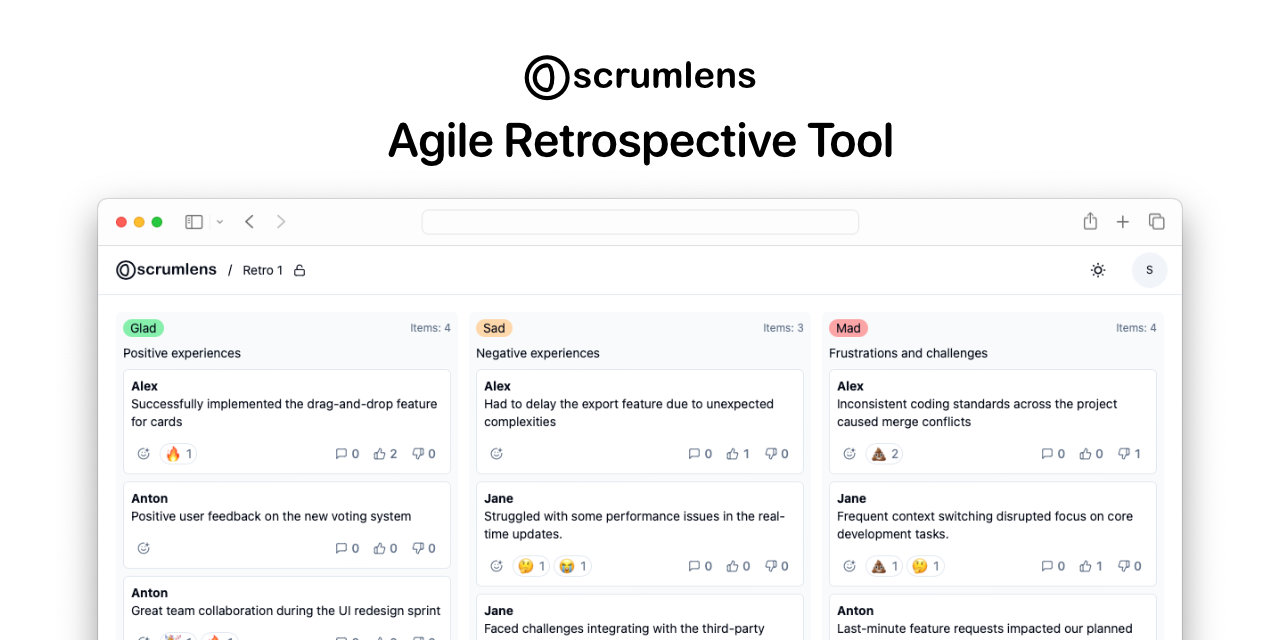    Agile Retrospective Tool   
   Retrospectives that actually move the needle.   
   Open-source, real-time, and designed to make your team's voice