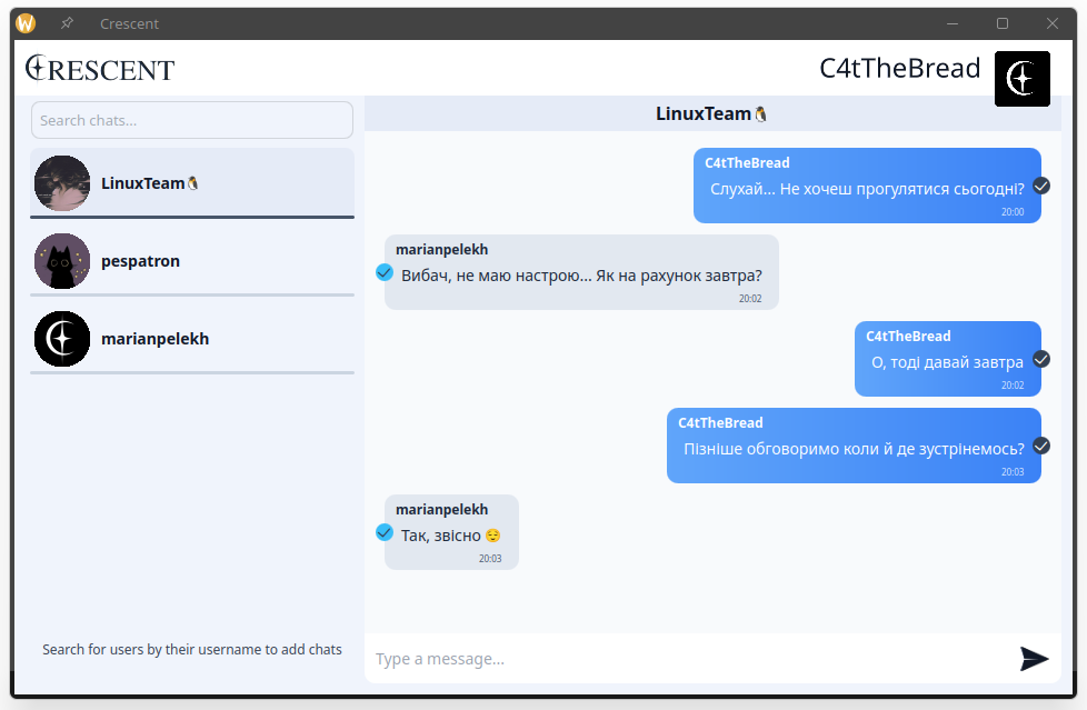 GitHub - marianpelekh/Cressent: Qt6 encrypted crossplatform messanger