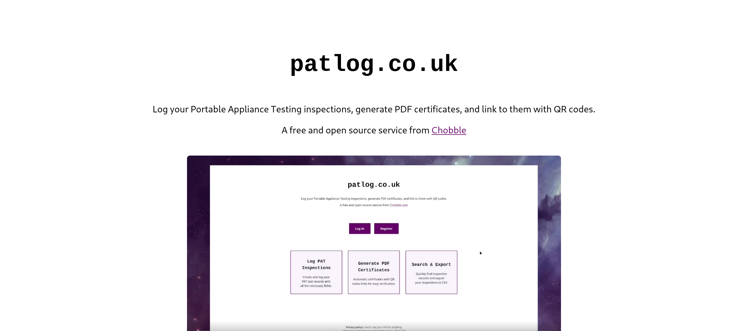 GitHub - chobbledotcom/patlog: PAT Test Logger / PDF Generator · GitHub