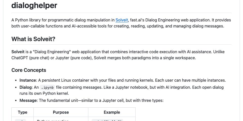 GitHub - AnswerDotAI/dialoghelper: Helper functions for solveit dialogs ...